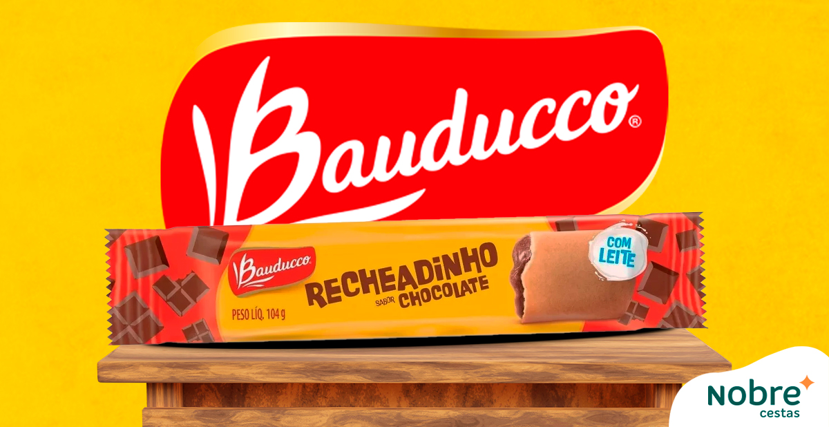 BOLINHO BAUNILHA RECHEADO CHOCOLATE BAUDUCCO 30G, Só Cestas ©
