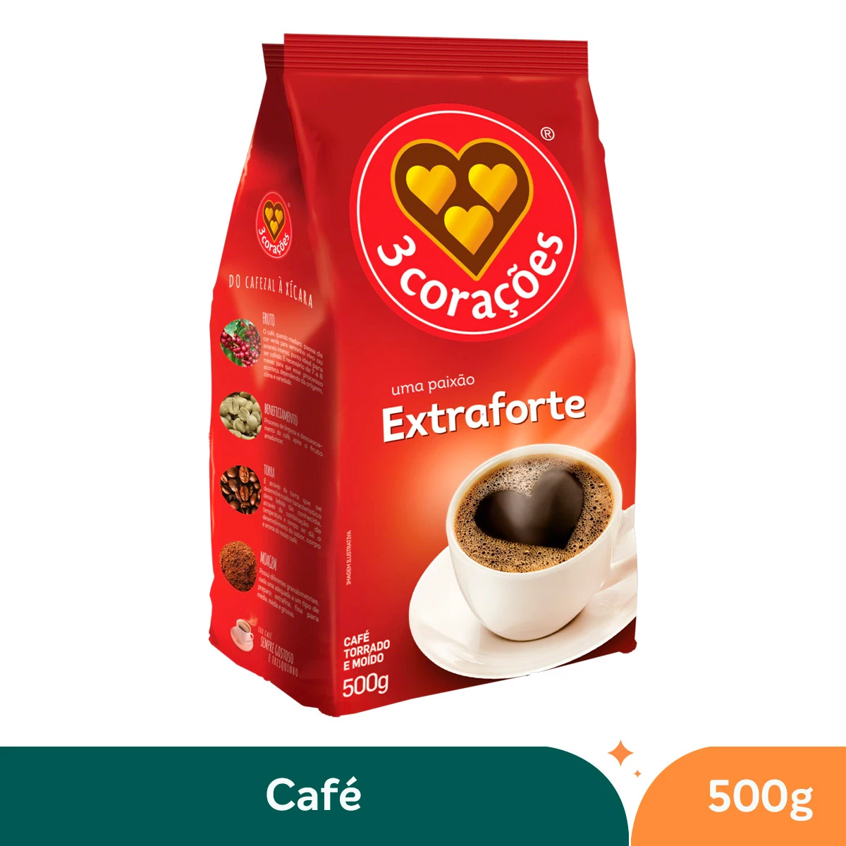 Café Torrado E Moído Extra Forte 3 Corações Pouch - 500g